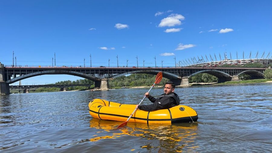 Packrafting kayaking guided tour Vistula river Warsaw Poland - What you see: bridges, boulevards, and Stadion Narodowy