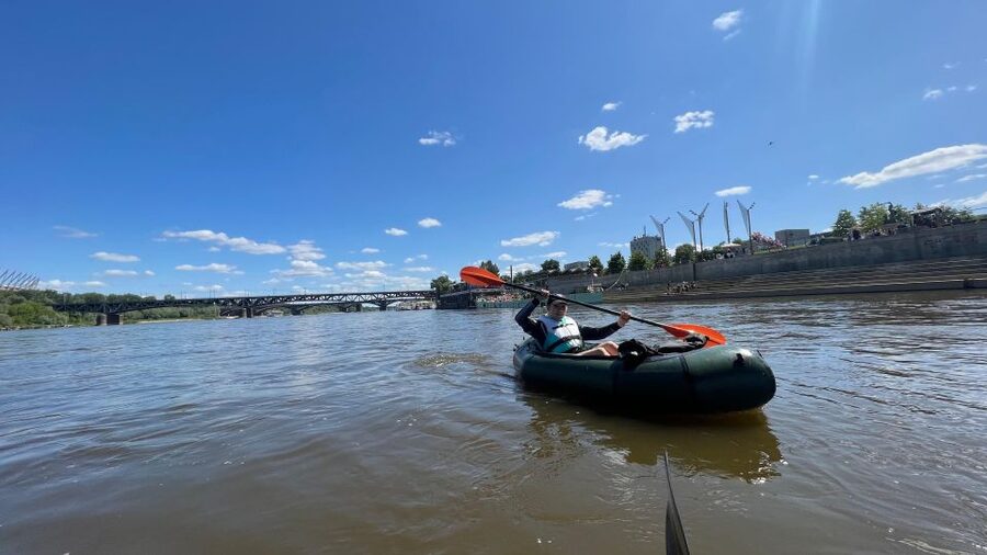 Packrafting kayaking guided tour Vistula river Warsaw Poland - The sunset over Old Town, plus a possible island photo stop